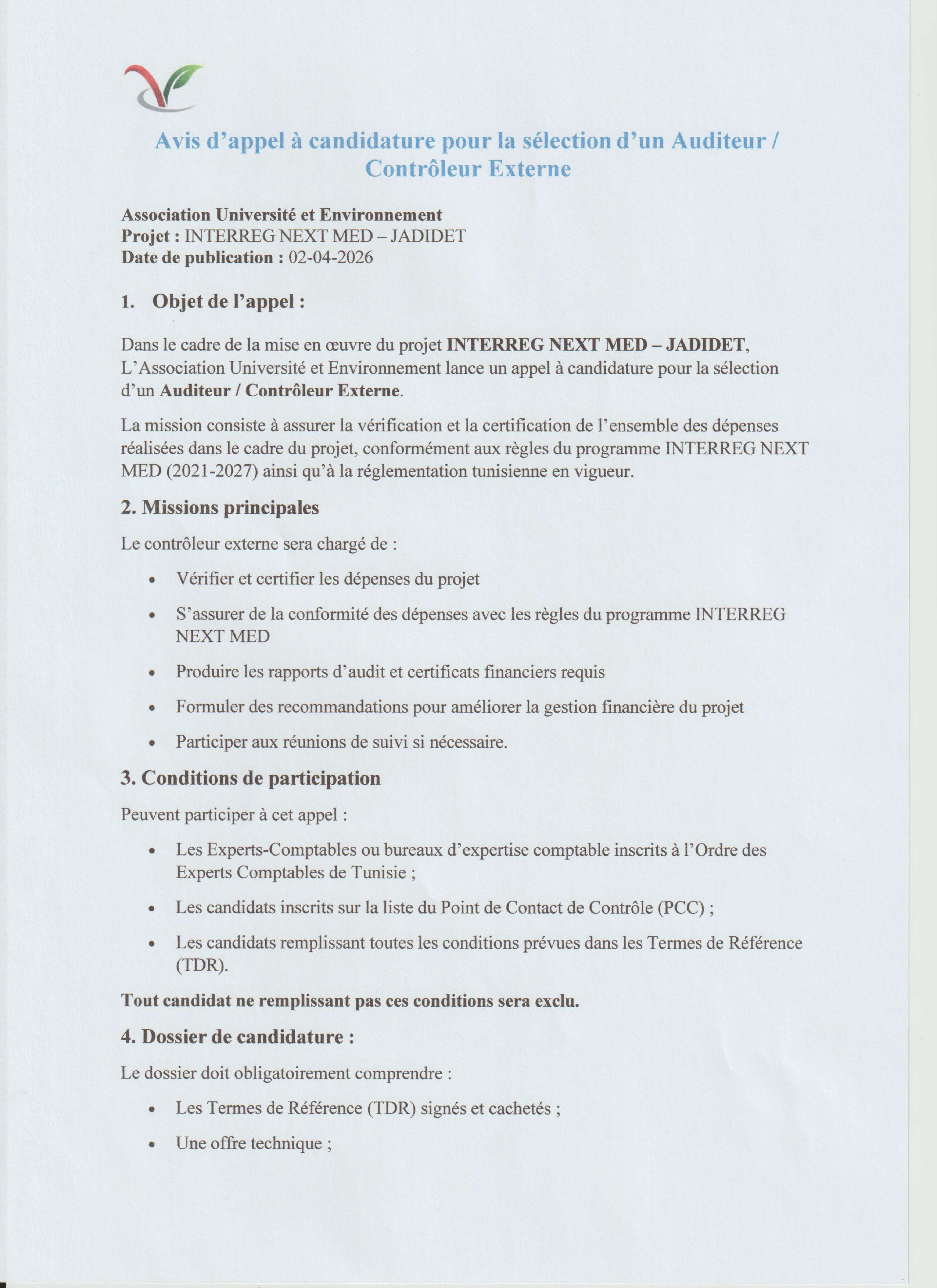 Appel à candidature Auditeur Externe - AUE
